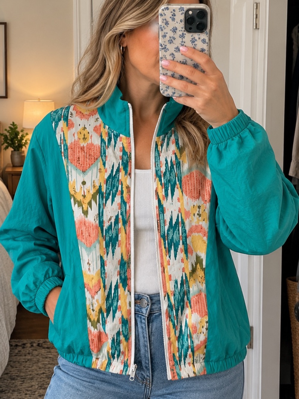 Blair Vintage Windbreaker Jacket M Teal Floral Print 80s Retro Track Activewear